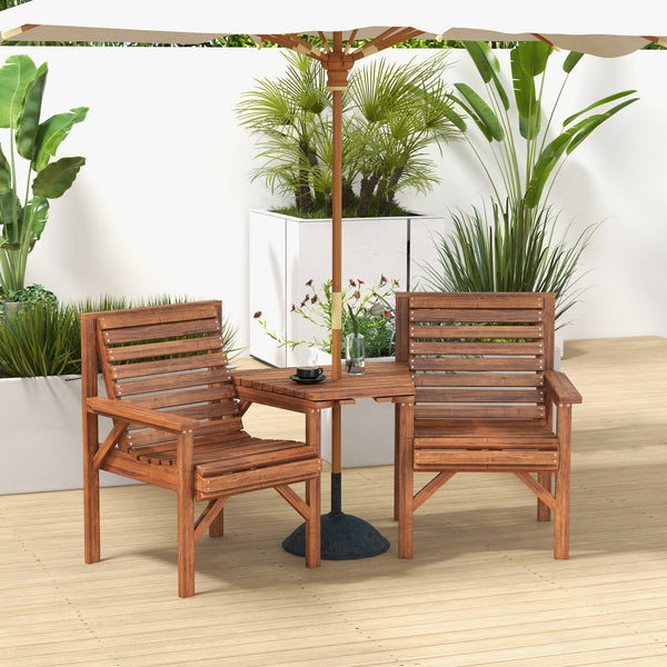 Wooden Garden Love Seat, 2 Seater Jack & Jill Companion Seat with Coffee Table and Parasol Hole, Partner Bench, Table and Chairs Set, Outdoor Furniture for Garden, Balcony, Patio, Tan