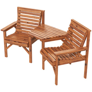 Wooden Garden Love Seat, 2 Seater Jack & Jill Companion Seat with Coffee Table and Parasol Hole, Partner Bench, Table and Chairs Set, Outdoor Furniture for Garden, Balcony, Patio, Tan