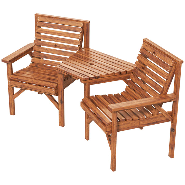 Wooden Garden Love Seat, 2 Seater Jack & Jill Companion Seat with Coffee Table and Parasol Hole, Partner Bench, Table and Chairs Set, Outdoor Furniture for Garden, Balcony, Patio, Tan