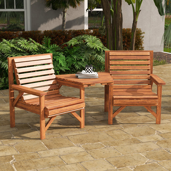 Wooden Garden Love Seat, 2 Seater Jack & Jill Companion Seat with Coffee Table and Parasol Hole, Partner Bench, Table and Chairs Set, Outdoor Furniture for Garden, Balcony, Patio, Tan