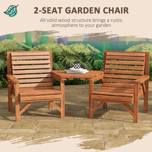 Wooden Garden Love Seat, 2 Seater Jack & Jill Companion Seat with Coffee Table and Parasol Hole, Partner Bench, Table and Chairs Set, Outdoor Furniture for Garden, Balcony, Patio, Tan