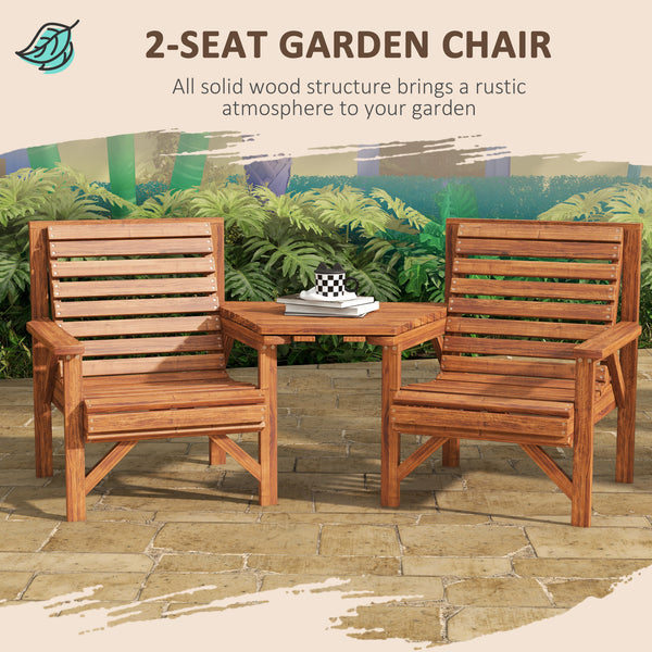 Wooden Garden Love Seat, 2 Seater Jack & Jill Companion Seat with Coffee Table and Parasol Hole, Partner Bench, Table and Chairs Set, Outdoor Furniture for Garden, Balcony, Patio, Tan
