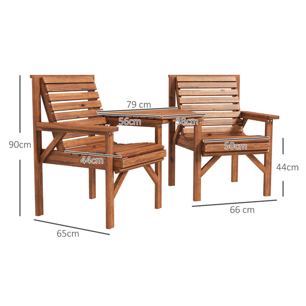 Wooden Garden Love Seat, 2 Seater Jack & Jill Companion Seat with Coffee Table and Parasol Hole, Partner Bench, Table and Chairs Set, Outdoor Furniture for Garden, Balcony, Patio, Tan