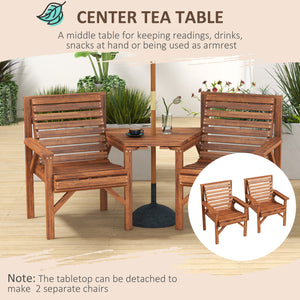 Wooden Garden Love Seat, 2 Seater Jack & Jill Companion Seat with Coffee Table and Parasol Hole, Partner Bench, Table and Chairs Set, Outdoor Furniture for Garden, Balcony, Patio, Tan