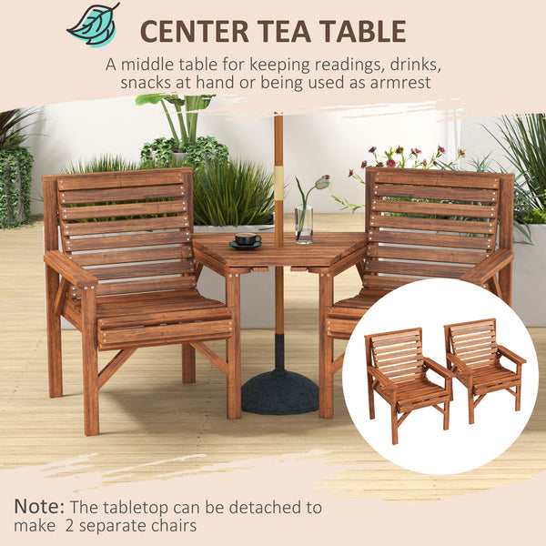 Wooden Garden Love Seat, 2 Seater Jack & Jill Companion Seat with Coffee Table and Parasol Hole, Partner Bench, Table and Chairs Set, Outdoor Furniture for Garden, Balcony, Patio, Tan