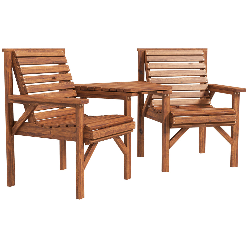 Wooden Garden Love Seat, 2 Seater Jack & Jill Companion Seat with Coffee Table and Parasol Hole, Partner Bench, Table and Chairs Set, Outdoor Furniture for Garden, Balcony, Patio, Tan