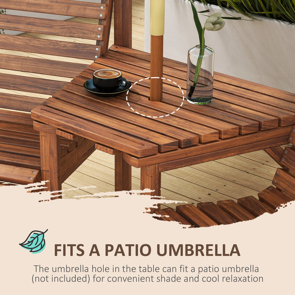 Wooden Garden Love Seat, 2 Seater Jack & Jill Companion Seat with Coffee Table and Parasol Hole, Partner Bench, Table and Chairs Set, Outdoor Furniture for Garden, Balcony, Patio, Tan