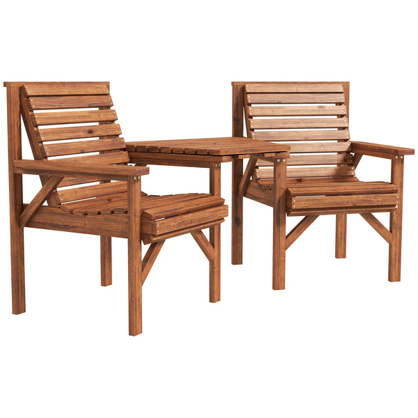 Wooden Garden Love Seat, 2 Seater Jack & Jill Companion Seat with Coffee Table and Parasol Hole, Partner Bench, Table and Chairs Set, Outdoor Furniture for Garden, Balcony, Patio, Tan
