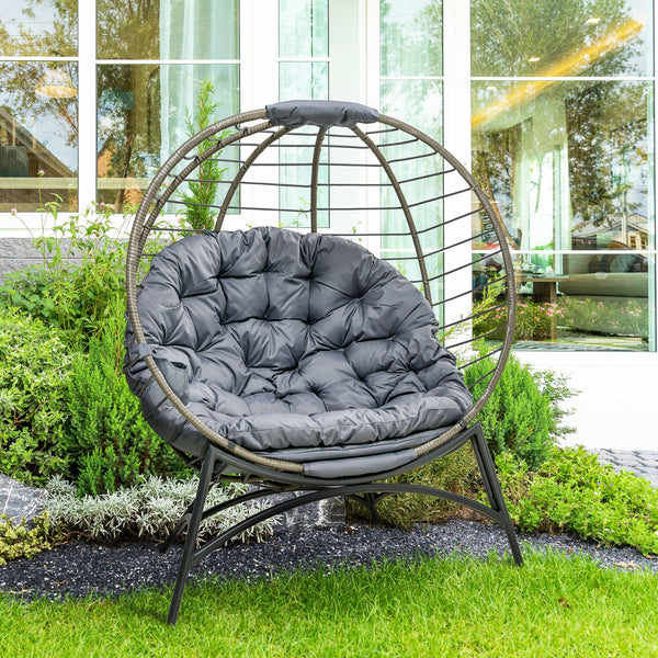 Folding Rattan Egg Chair, Freestanding Basket Chair with Cushion, Bottle Holder Bag for Outdoor or Indoor, Grey