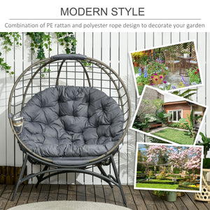 Folding Rattan Egg Chair, Freestanding Basket Chair with Cushion, Bottle Holder Bag for Outdoor or Indoor, Grey