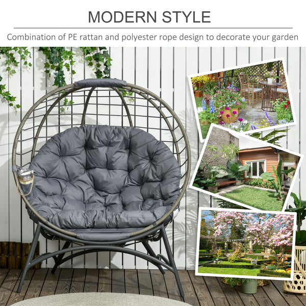 Folding Rattan Egg Chair, Freestanding Basket Chair with Cushion, Bottle Holder Bag for Outdoor or Indoor, Grey