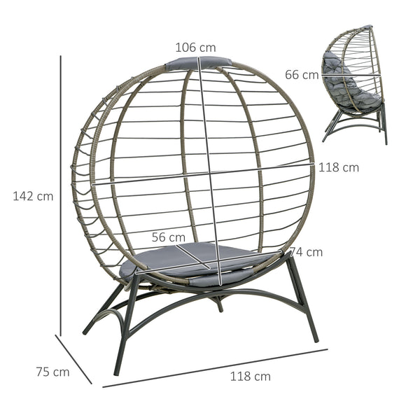 Folding Rattan Egg Chair, Freestanding Basket Chair with Cushion, Bottle Holder Bag for Outdoor or Indoor, Grey