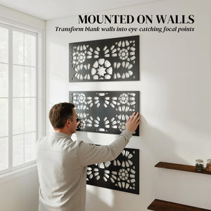 Metal Outdoor Privacy Screen, 72" x 38" Freestanding Outdoor Divider, Wall-Mounted Decorative Panel with Symmetrical Pattern Cut-out Design for Garden Patio, Black