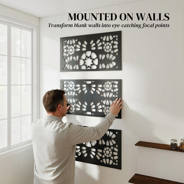 Metal Outdoor Privacy Screen, 72" x 38" Freestanding Outdoor Divider, Wall-Mounted Decorative Panel with Symmetrical Pattern Cut-out Design for Garden Patio, Black