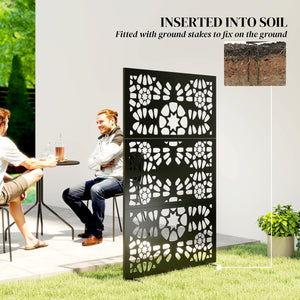 Metal Outdoor Privacy Screen, 72" x 38" Freestanding Outdoor Divider, Wall-Mounted Decorative Panel with Symmetrical Pattern Cut-out Design for Garden Patio, Black