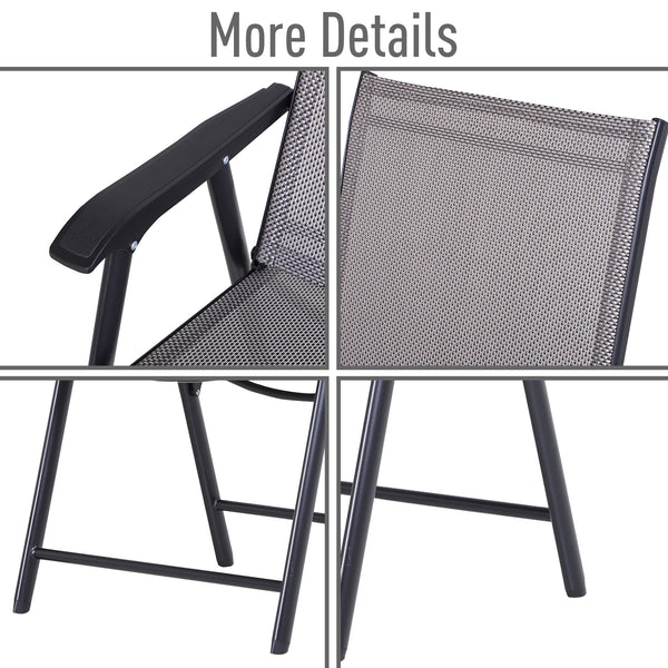 Outsunny Set of 4 Patio Folding Chairs, Stackable Outdoor Sling Patio Dining Chairs with Armrests for Lawn, Camping, Dining, Beach, Metal Frame, No Assembly, Gray