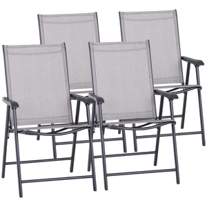 Outsunny Set of 4 Patio Folding Chairs, Stackable Outdoor Sling Patio Dining Chairs with Armrests for Lawn, Camping, Dining, Beach, Metal Frame, No Assembly, Gray