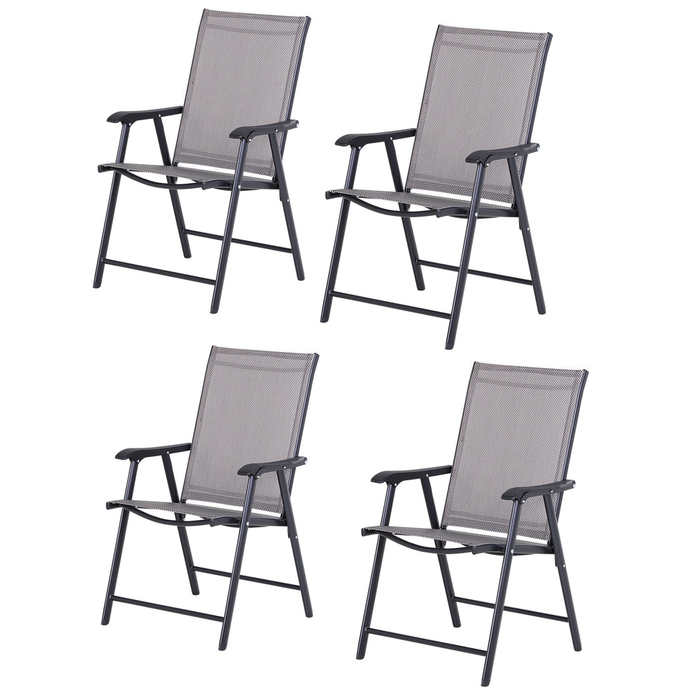 Outsunny Set of 4 Patio Folding Chairs, Stackable Outdoor Sling Patio Dining Chairs with Armrests for Lawn, Camping, Dining, Beach, Metal Frame, No Assembly, Gray