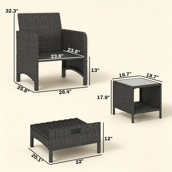 5 Piece Patio Furniture Set, Wicker Balcony Furniture with 23.6" Wide Deep Seat, 2 Ottomans, Glass Coffee Table, Cushions, Rattan Outdoor Conversation Patio Set for Garden Porch, Navy Blue