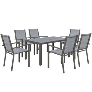 7 Piece Patio Dining Set, Outdoor Dining Table and 6 Stackable Chairs, Metal Patio Furniture Set with WPC Top, Breathable Mesh for Garden, Backyard, Poolside, Light Grey