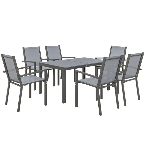 7 Piece Patio Dining Set, Outdoor Dining Table and 6 Stackable Chairs, Metal Patio Furniture Set with WPC Top, Breathable Mesh for Garden, Backyard, Poolside, Light Grey