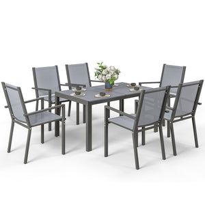 7 Piece Patio Dining Set, Outdoor Dining Table and 6 Stackable Chairs, Metal Patio Furniture Set with WPC Top, Breathable Mesh for Garden, Backyard, Poolside, Light Grey