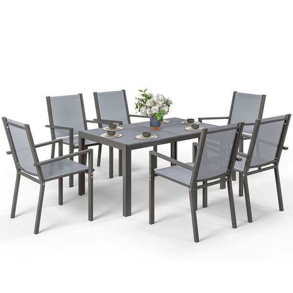 7 Piece Patio Dining Set, Outdoor Dining Table and 6 Stackable Chairs, Metal Patio Furniture Set with WPC Top, Breathable Mesh for Garden, Backyard, Poolside, Light Grey