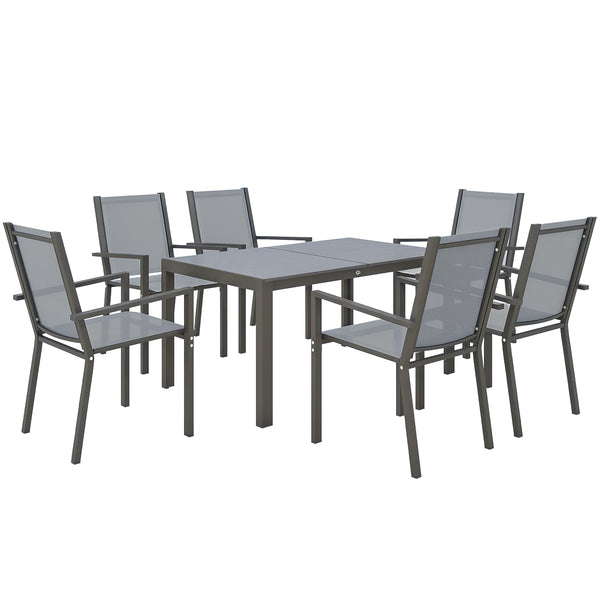 7 Piece Patio Dining Set, Outdoor Dining Table and 6 Stackable Chairs, Metal Patio Furniture Set with WPC Top, Breathable Mesh for Garden, Backyard, Poolside, Light Grey