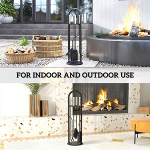 Fireplace Tools Set 5 Pieces Metal Fire Place Kit, Outdoor Indoor Fireside Accessories with Brush, Shovel, Poker, A Pair of Tongs, Stand, Silver