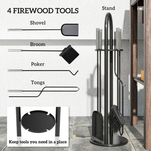 Fireplace Tools Set 5 Pieces Metal Fire Place Kit, Outdoor Indoor Fireside Accessories with Brush, Shovel, Poker, A Pair of Tongs, Stand, Silver