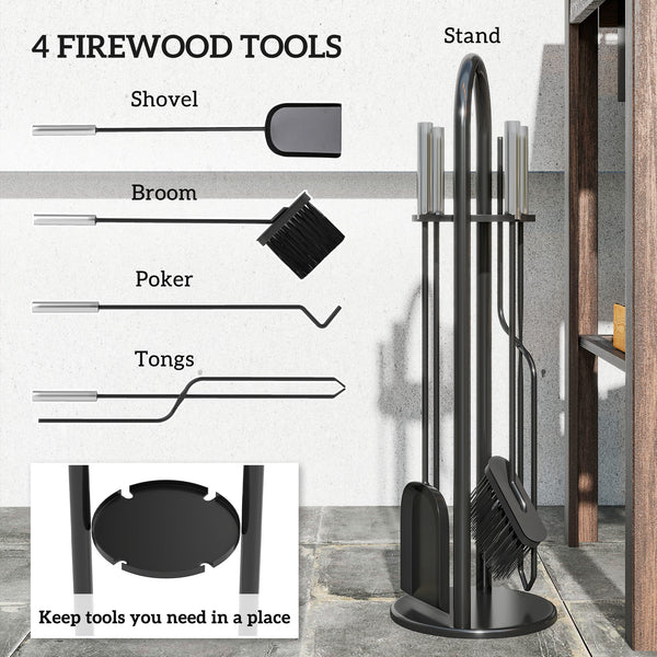 Fireplace Tools Set 5 Pieces Metal Fire Place Kit, Outdoor Indoor Fireside Accessories with Brush, Shovel, Poker, A Pair of Tongs, Stand, Silver