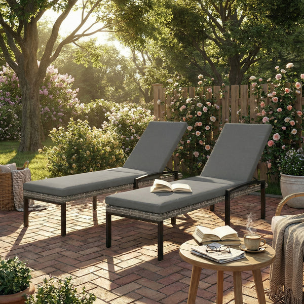 Chaise Lounge Chairs Outdoor, Set of 2 Wicker Patio Lounge Chairs with 5-Level Adjustable Backrest, Cushion, Rattan Sun Reclining Lounger for Backyard, Garden, Light Grey