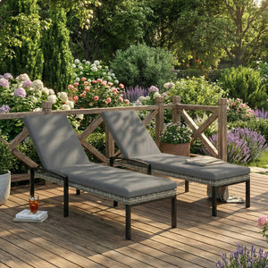 Chaise Lounge Chairs Outdoor, Set of 2 Wicker Patio Lounge Chairs with 5-Level Adjustable Backrest, Cushion, Rattan Sun Reclining Lounger for Backyard, Garden, Light Grey
