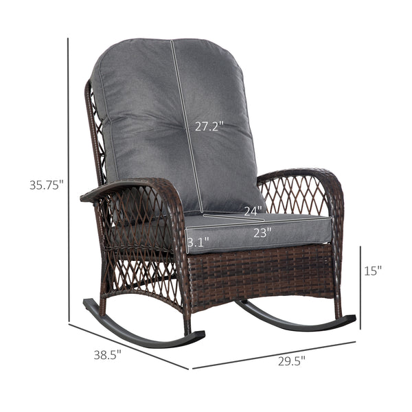 Outsunny Outdoor Wicker Rocking Chair with Wide Seat, Thickened Cushion, Rattan Rocker with Steel Frame for Patio, Garden, Backyard, Gray