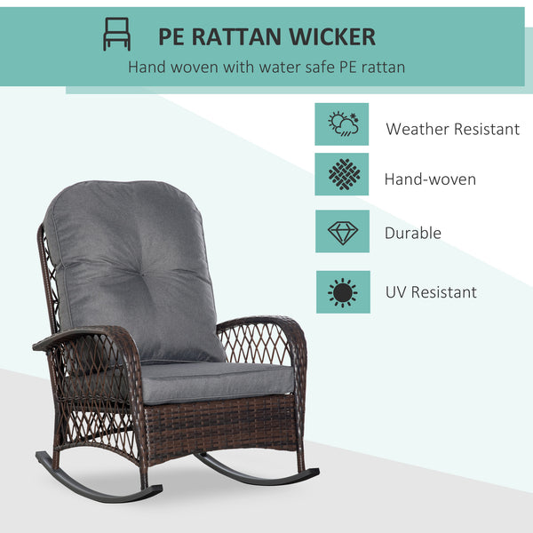 Outsunny Outdoor Wicker Rocking Chair with Wide Seat, Thickened Cushion, Rattan Rocker with Steel Frame for Patio, Garden, Backyard, Gray