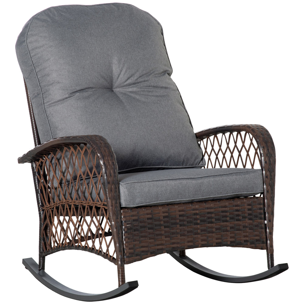 Outsunny Outdoor Wicker Rocking Chair with Wide Seat, Thickened Cushion, Rattan Rocker with Steel Frame for Patio, Garden, Backyard, Gray