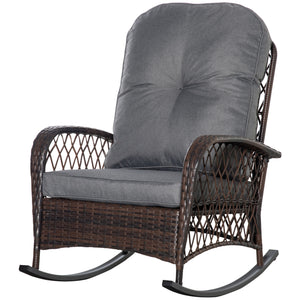 Outsunny Outdoor Wicker Rocking Chair with Wide Seat, Thickened Cushion, Rattan Rocker with Steel Frame for Patio, Garden, Backyard, Gray