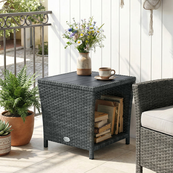 2-Tier PE Rattan Side Table with Storage Shelf, Square Outdoor Coffee Table with PS Wood Slat Top, UV-Resistant for Patio, Garden, Balcony, Grey