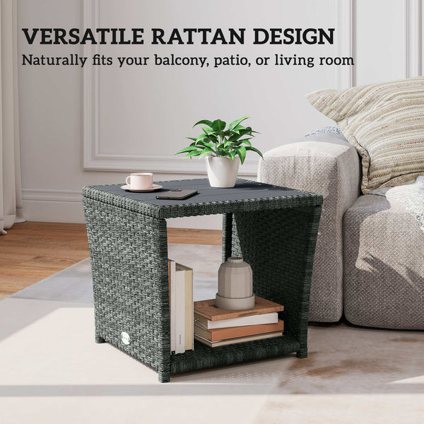2-Tier PE Rattan Side Table with Storage Shelf, Square Outdoor Coffee Table with PS Wood Slat Top, UV-Resistant for Patio, Garden, Balcony, Grey