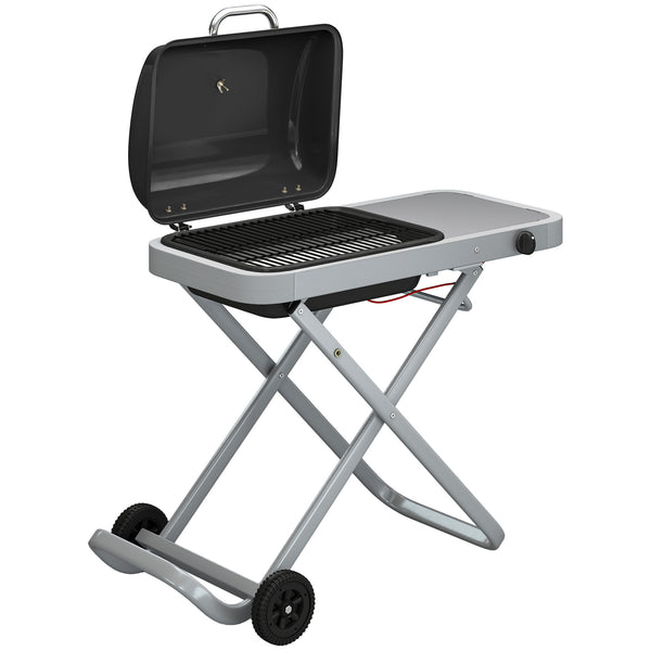 Foldable Gas BBQ Grill with Side Table, Portable Gas Barbecue Grill with Folding Trolley, Thermometer, Grease Box, Wheels for Garden Party Camping Picnic Outdoor Cooking, 2.5 kW, Black