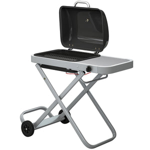 Foldable Gas BBQ Grill with Side Table, Portable Gas Barbecue Grill with Folding Trolley, Thermometer, Grease Box, Wheels for Garden Party Camping Picnic Outdoor Cooking, 2.5 kW, Black