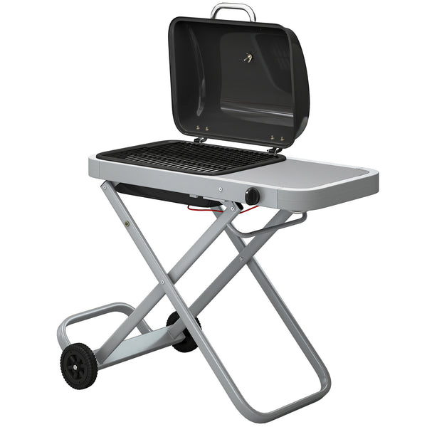 Foldable Gas BBQ Grill with Side Table, Portable Gas Barbecue Grill with Folding Trolley, Thermometer, Grease Box, Wheels for Garden Party Camping Picnic Outdoor Cooking, 2.5 kW, Black