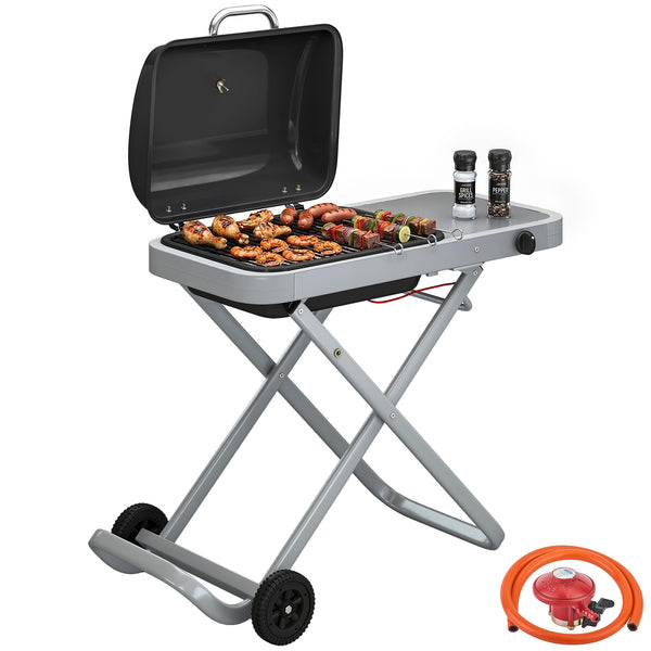 Foldable Gas BBQ Grill with Side Table, Portable Gas Barbecue Grill with Folding Trolley, Thermometer, Grease Box, Wheels for Garden Party Camping Picnic Outdoor Cooking, 2.5 kW, Black