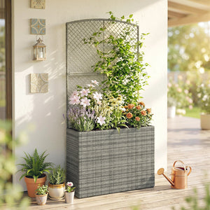 Garden Planter with Trellis, Rattan Raised Beds for Garden with Liner, Freestanding Outdoor Planter Box for Climbing Plants, Herbs, Vegetables, Flowers, 80 x 30 x 163 cm, Dark Grey