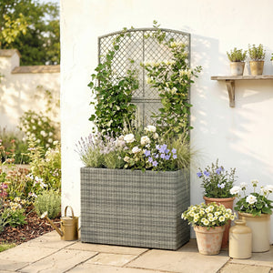Garden Planter with Trellis, Rattan Raised Beds for Garden with Liner, Freestanding Outdoor Planter Box for Climbing Plants, Herbs, Vegetables, Flowers, 80 x 30 x 163 cm, Dark Grey