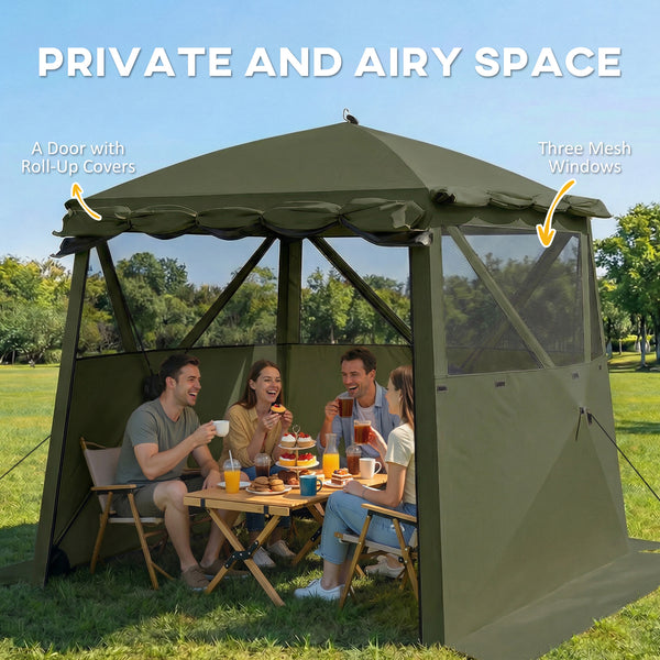 2 x 2 m Pop Up Gazebo with Awning, Waterproof Instant Shelter for Garden BBQ, Fishing, Camping, Easy Setup Garden Gazebo with Sides, Mesh Windows & Carry Bag, Army Green