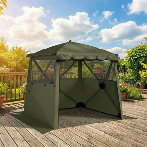 2 x 2 m Pop Up Gazebo with Awning, Waterproof Instant Shelter for Garden BBQ, Fishing, Camping, Easy Setup Garden Gazebo with Sides, Mesh Windows & Carry Bag, Army Green