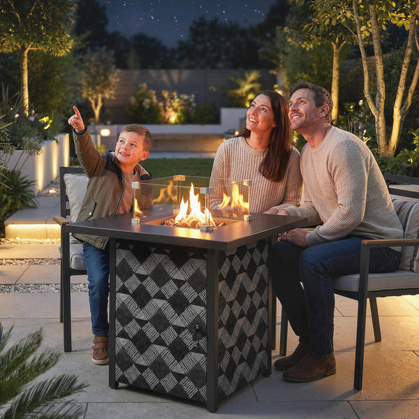 Square Propane Gas Fire Pit Table,12 KW Firepit Outdoor Patio Heater with Proof Net and Glass Wind Guard, Lava Rocks, Gas Tank Holder, Outdoor Firepits for Garden Patio, Black