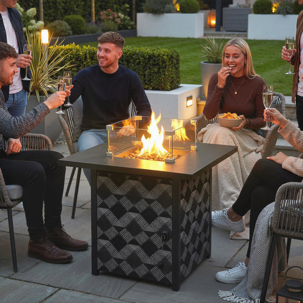 Square Propane Gas Fire Pit Table,12 KW Firepit Outdoor Patio Heater with Proof Net and Glass Wind Guard, Lava Rocks, Gas Tank Holder, Outdoor Firepits for Garden Patio, Black