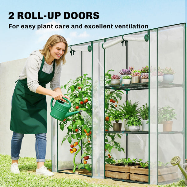 Mini Greenhouse, Portable Greenhouse with 3 Shelves, 2 Roll-up Doors, Garden Hot House for Patio Garden Backyard, 56.3" x 17.7" x 59.4", Clear